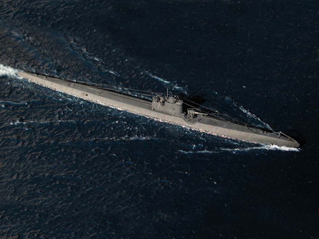 Aerial view of a model of Soviet submarine S-56.