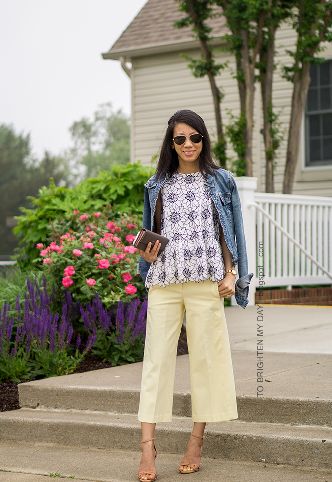 denim jacket, embroidered floral peplum top, pale yellow wide leg cropped pants, taupe clutch, brown knot sandals, gold watch