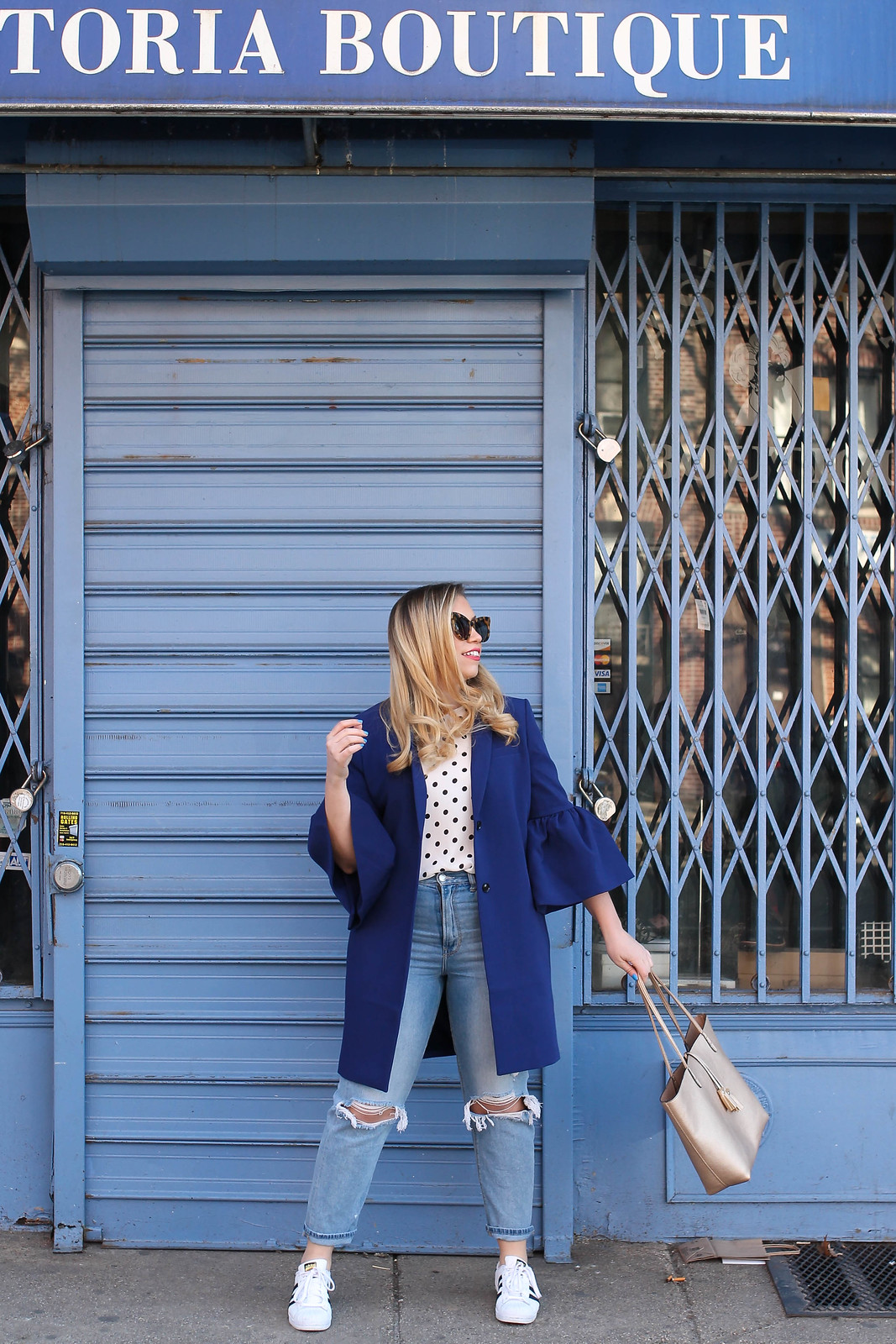 Spring Outfit Blue Bell Sleeve Jacket Polka Dot Tank Top Mom Jeans Adidas Sneakers Living After Midnite Jackie Giardina Style Fashion Blogger