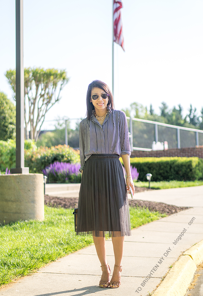 pave chain necklace, navy striped blouse, dark green tulle midi skirt, navy tote, brown sandals with knot