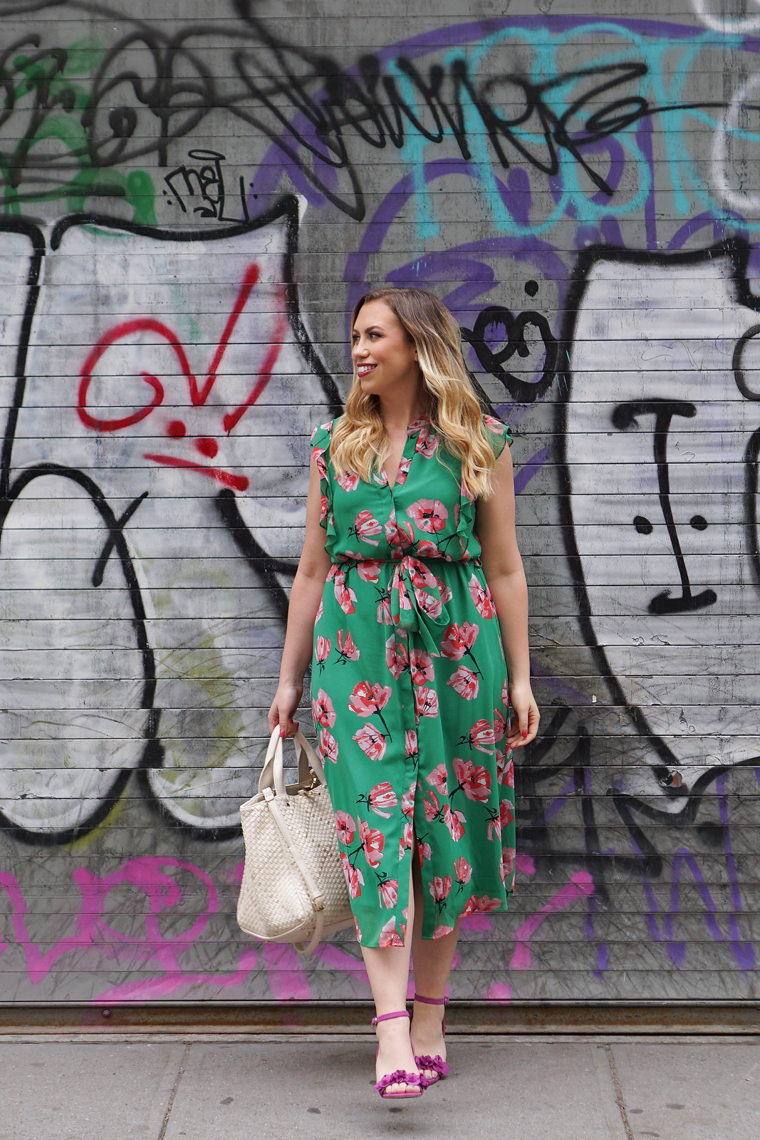 What to Wear to a Baby Shower in Spring Green Floral Midi Dress Pink Sandals Spring Outfit Living After Midnite Jackie Giardina