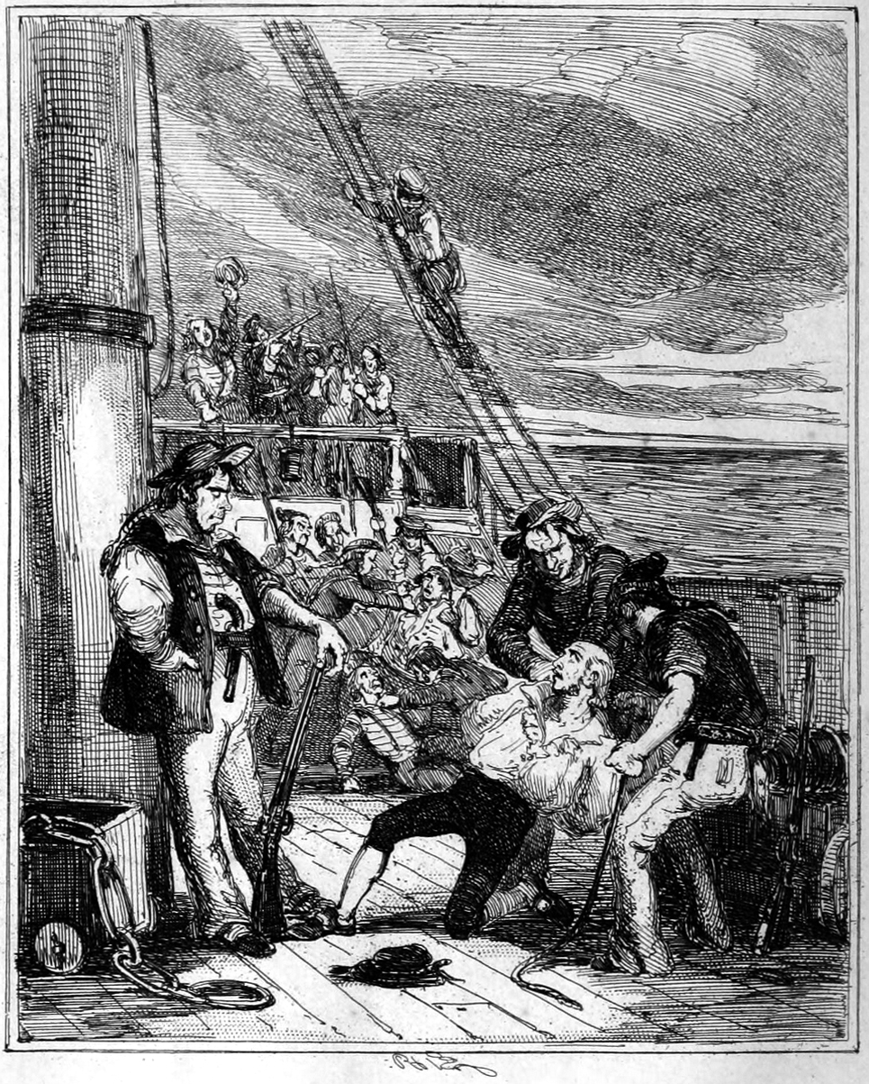 Fletcher Christian and the mutineers seize HMS Bounty on April 28, 1789. Engraving by Hablot Knight Browne, 1841