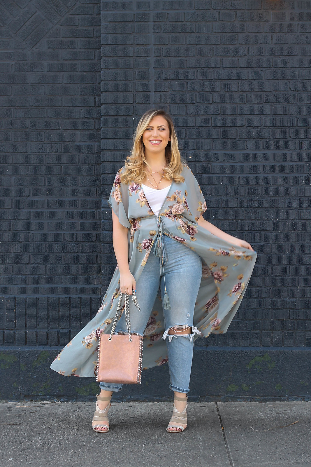 Floral Duster Sheer Kimono Outfit Mom Jeans Rose Gold Studded Zara Bag Spring Feminine Outfit Jackie Giardina