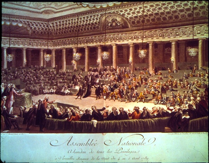 The Night of August 4, 1789. The newly formed National Assembly, formed from the Estates General on July 21, agreed in the afternoon to issue before a new constitution was written a Declaration of the rights on man. That evening, led by the Dukes of Noailles and Aiguillon, the privileged nobles and clerics agreed to abandon their feudal rights and privileges, including their rights of tax exemption and the tithe tax, bringing about a law that ended “the feudal order.” Only “honorific rights” were abolished without compensation; feudal rights pertaining to economic obligations of peasants were to be abolished only with compensation paid by those subject to them. Engraving by Helman after a painting by Charles Monnet, published in a collection plates on “The Major Days of the Revolution” that took place from 1789 to 1802.