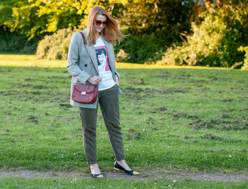 A Smart Casual Way to Style a Graphic T-shirt \ Duran Duran t-shirt \ Prince of Wales check blazer \ pointed flats \ baggy chinos | Not Dressed As Lamb, over 40 style