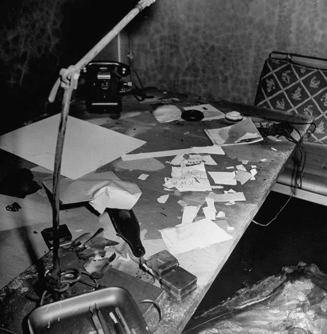 Damaged desk inside the Führerbunker, Berlin, circa July 1945.