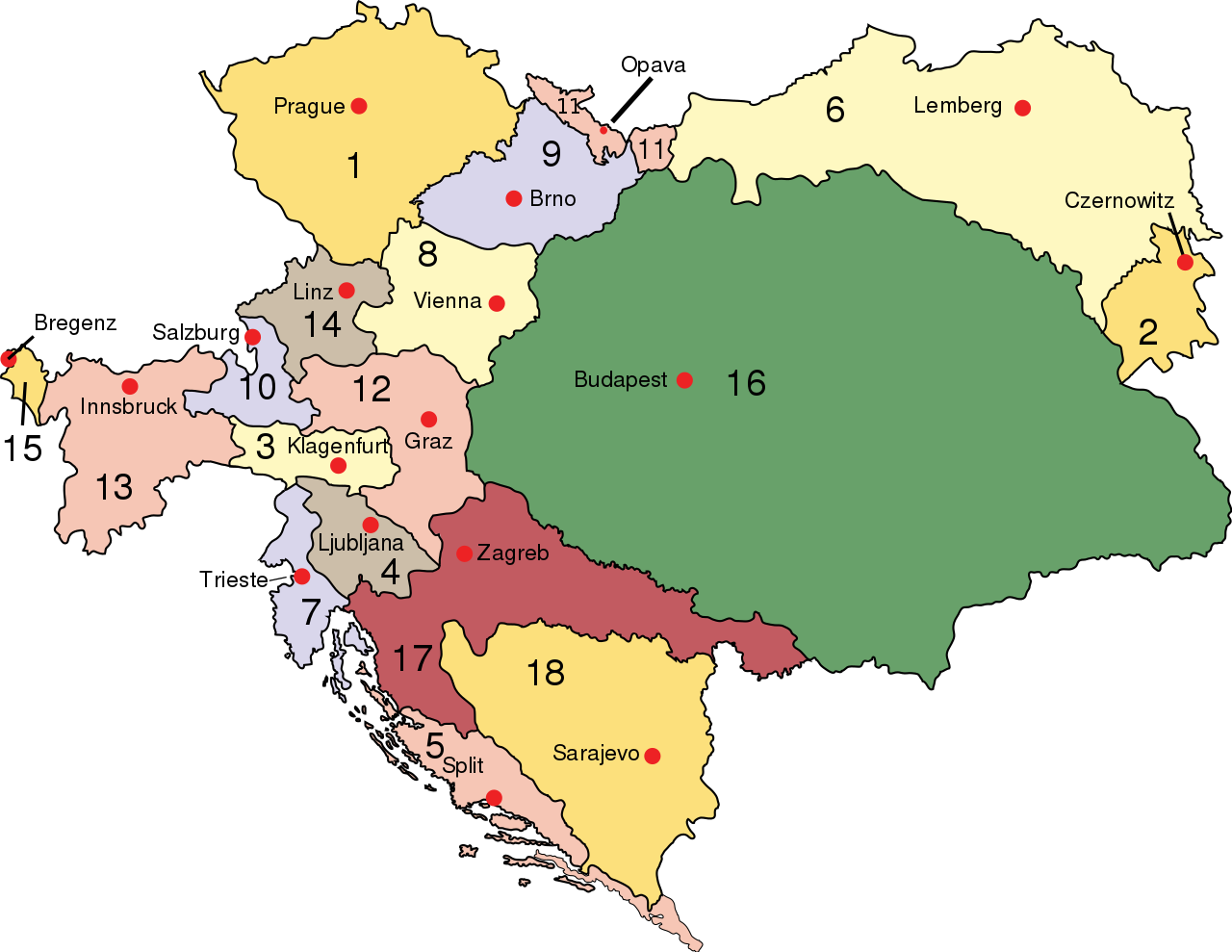 The Kingdom of Croatia-Slavonia (no. 17) was an autonomous kingdom within Austria-Hungary created in 1868 following the Croatian-Hungarian Settlement.
