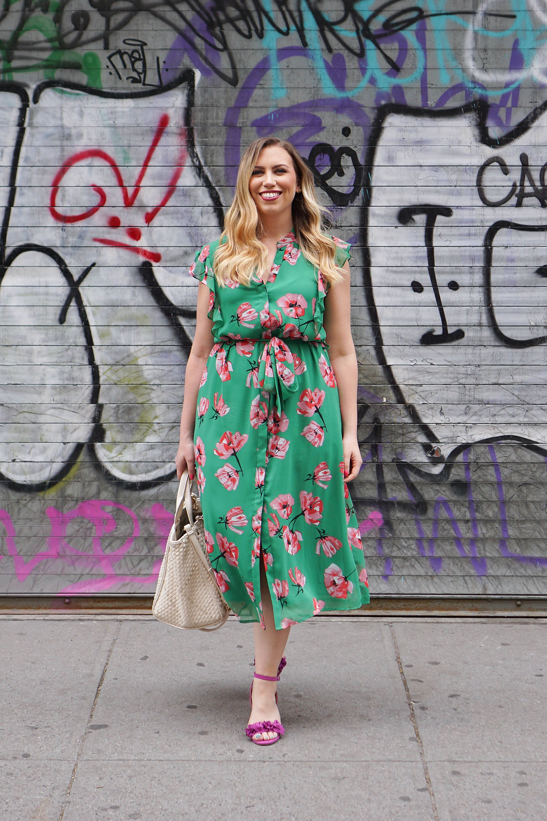 What to Wear to a Baby Shower in Spring Green Floral Midi Dress Pink Sandals Spring Outfit Living After Midnite Jackie Giardina
