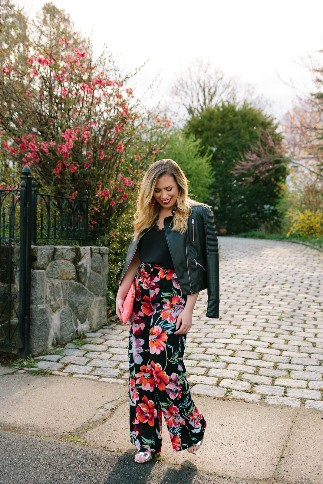 Easy Dressed Up Summer Outfit Pink Black Floral Printed Wide Leg Palazzo Pants Black Faux Leather Jacket