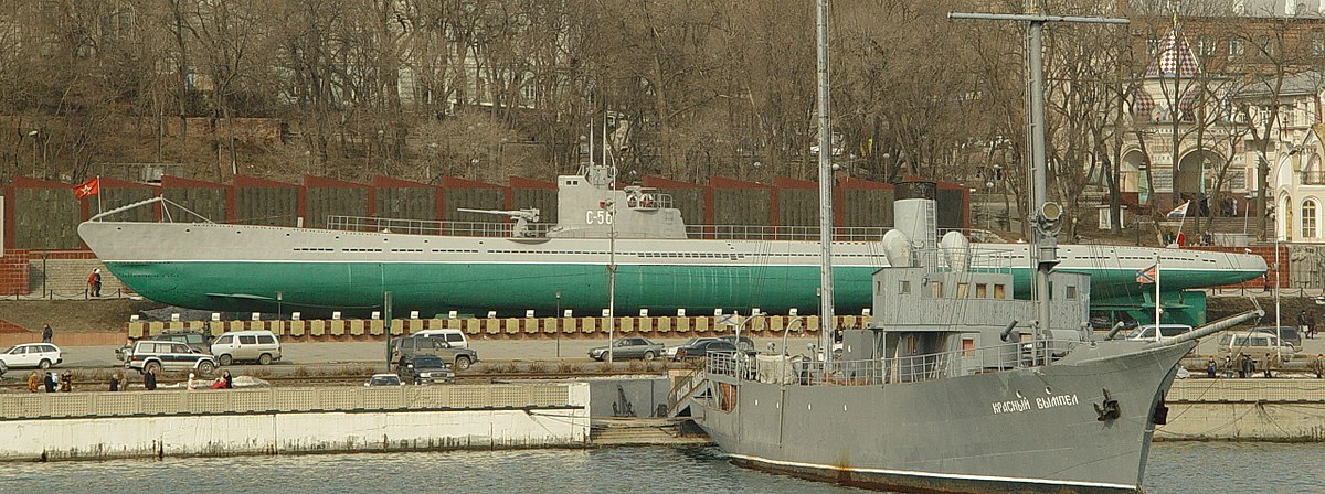 Soviet submarine S-56 and guard ship Krasnyi Vympel on display at Korabelnaya Embankment in Vladivostok, Russia. Photo taken by Michael Chekalin on November 21, 2006.