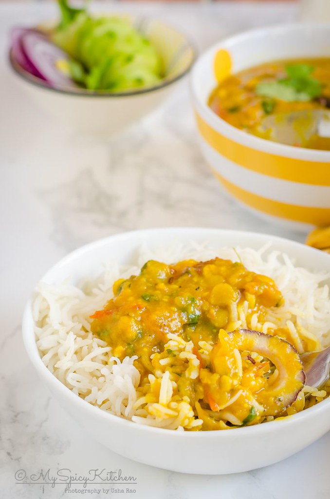 A bowl of rice with delicious instant pot dal tadka.