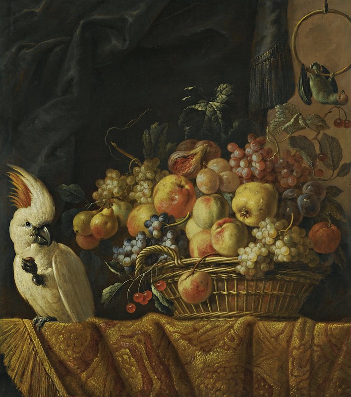 Jan Pauwel Gillemans II - Still life of figs, grapes, apples and other fruit on a table with a parrot
