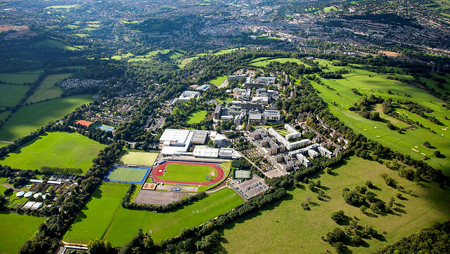 Aerial shot of the University of Bath campus