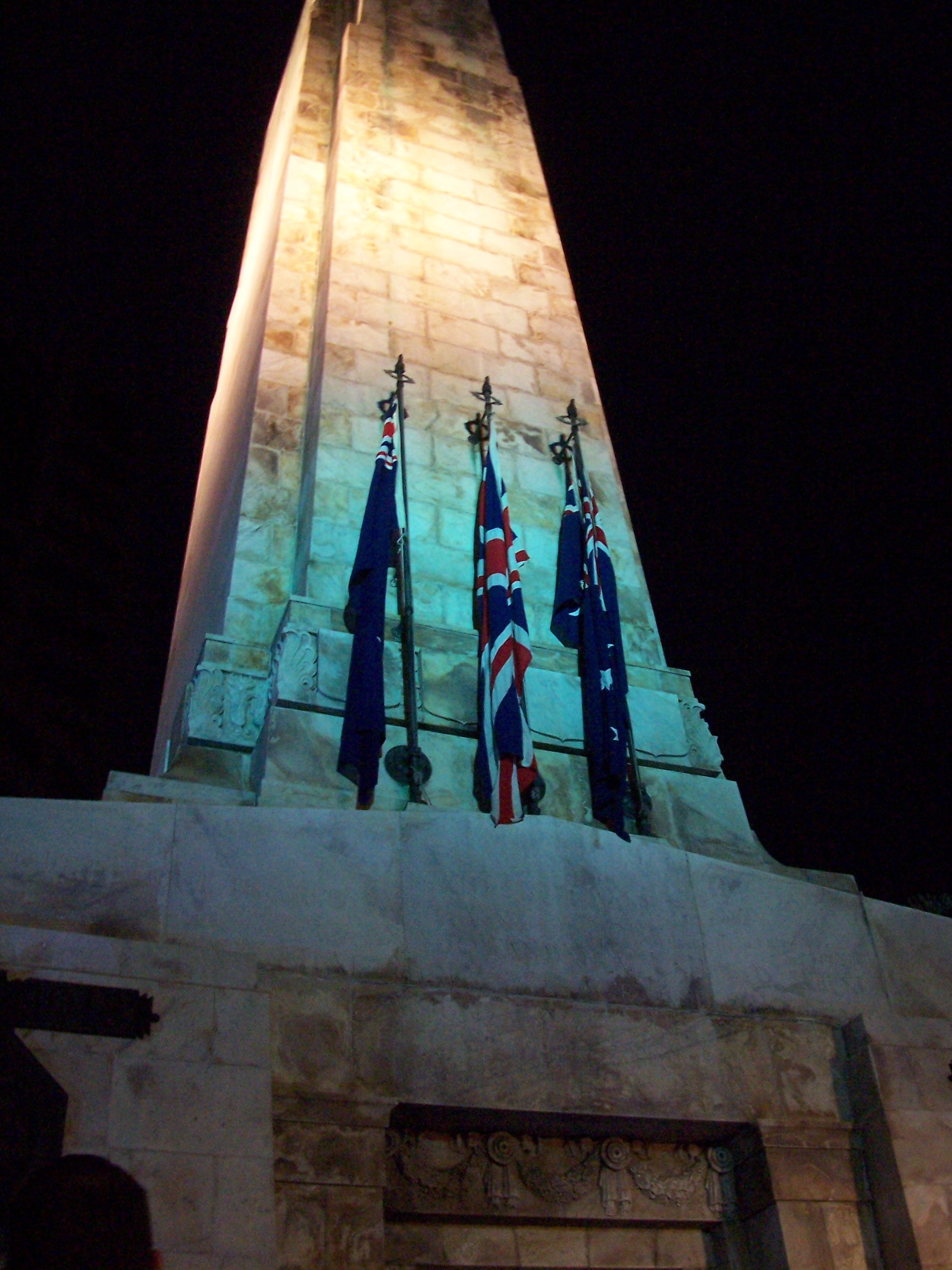 Flags on the cenotaph in Wellington, New Zealand, for the 2007 Dawn March. From left to right, the flags of New Zealand, the United Kingdom and Australia.