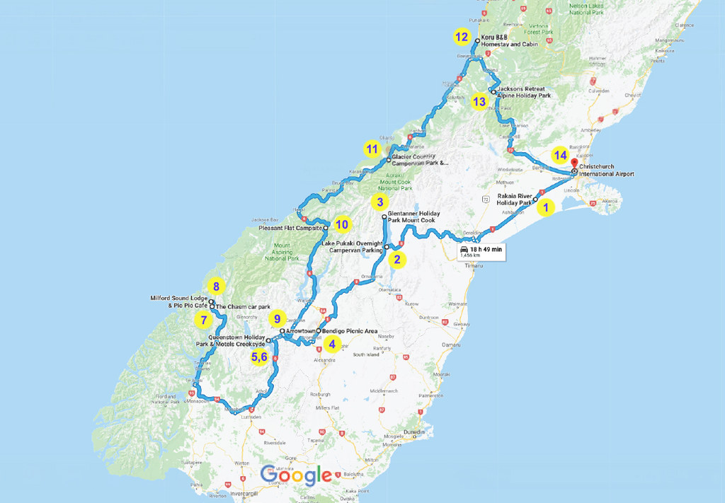 NewZealand Trip Map - 14 days