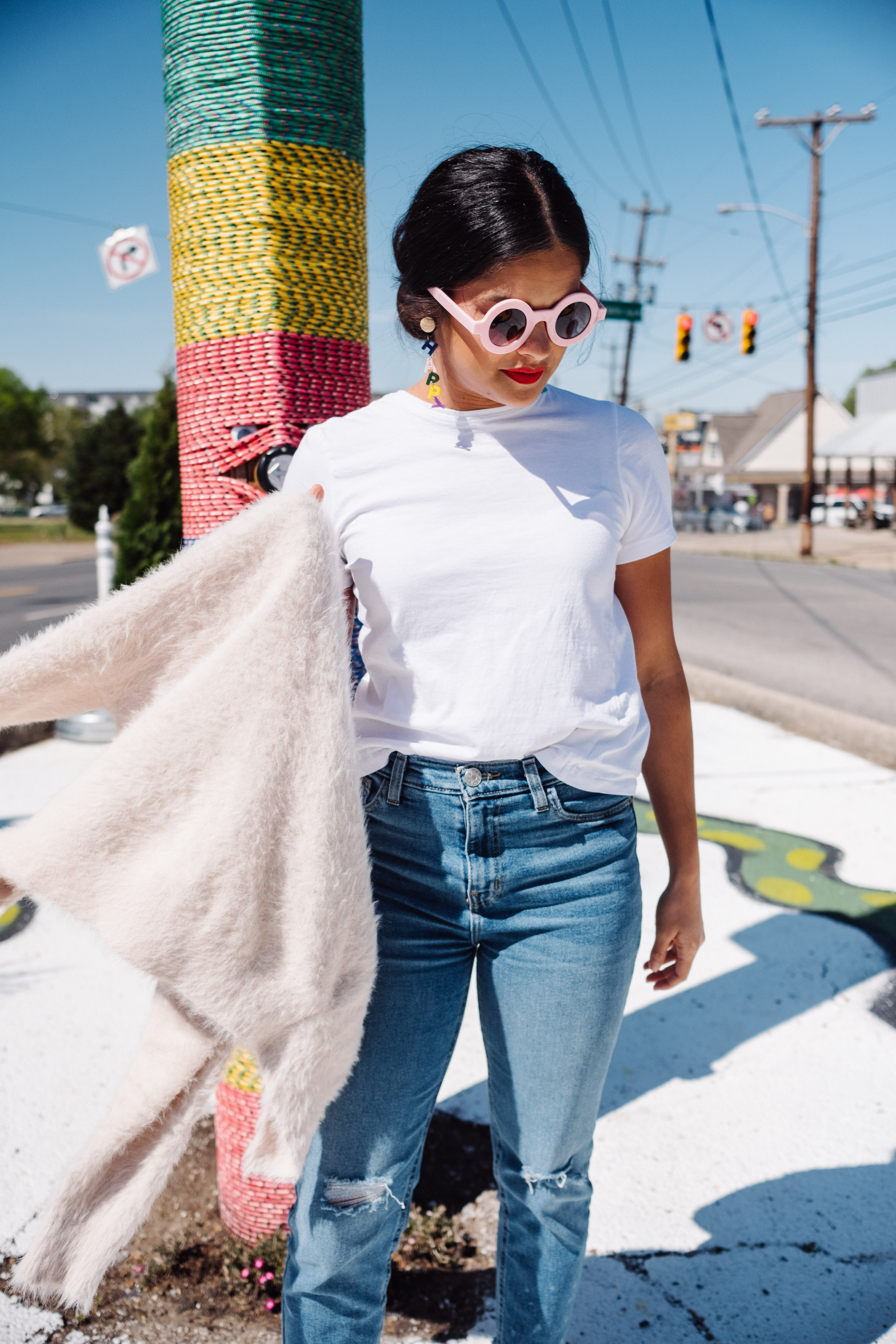 Priya the Blog, Nashville fashion blogger, Nashville fashion blog, Nashville style blogger, Nashville style blog, ban.do Happy Hour earrings, Happy Hour earrings, Spring outfit, red orange lip, girlfriend jeans, Urban Outfitter's girlfriend jeans, Spring outfit with girlfriend jeans, ban.do, ban.do pink circle sunglasses, fuzzy cardigan, Superga trainers