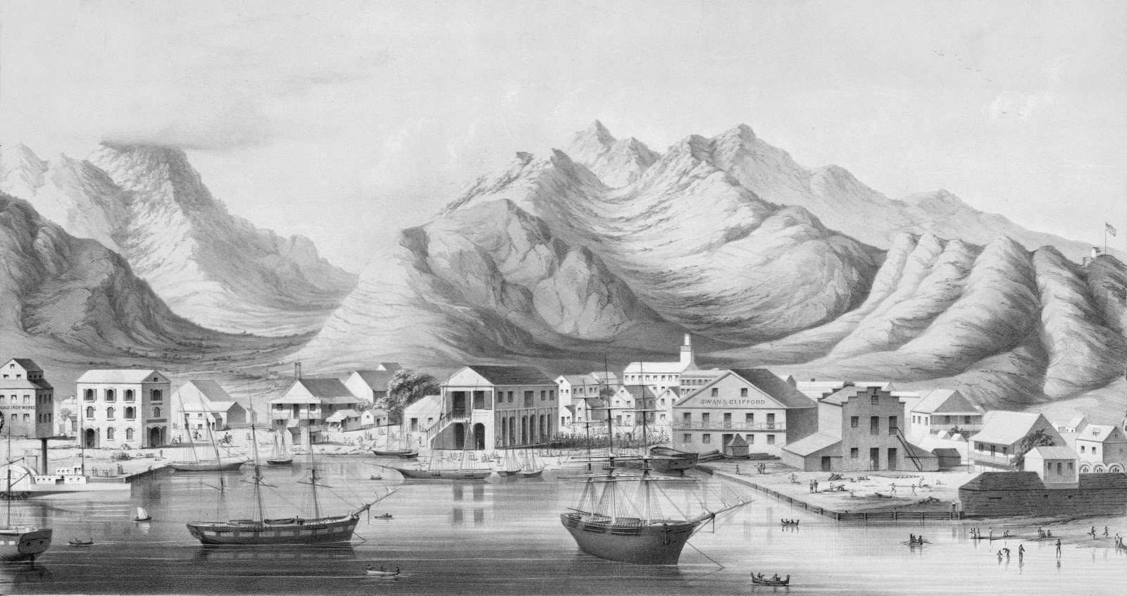 View of Honolulu harbor and Punchbowl Crater circa 1854.