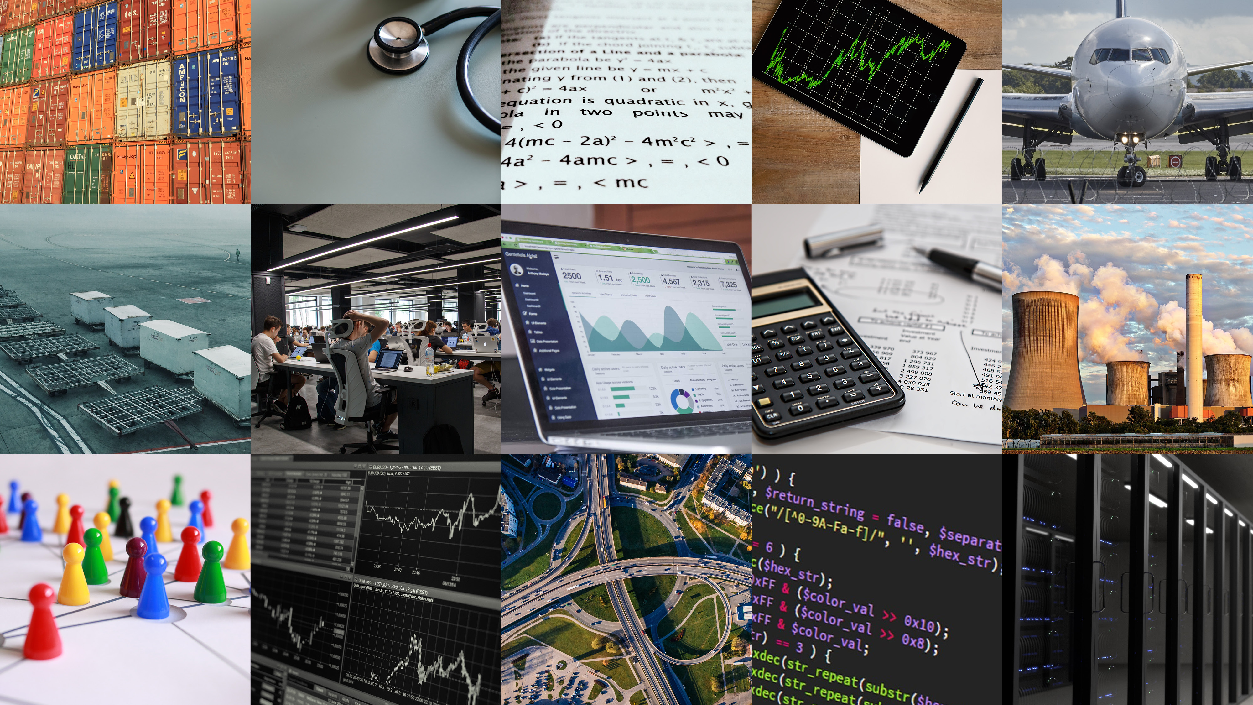 A collage of operations-themed images, including a calculator, a power station, a busy office and some shipping containers