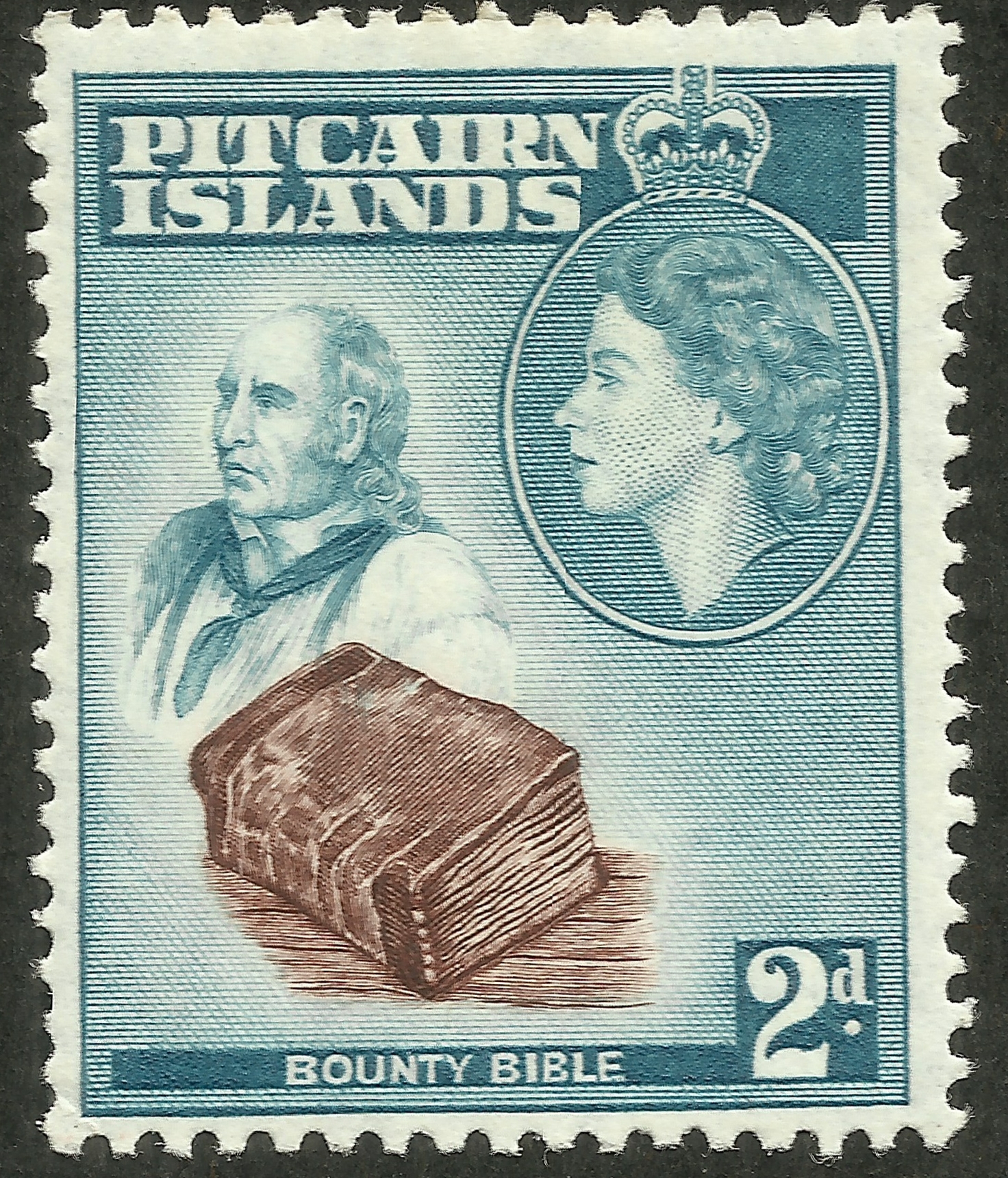 Pitcairn Islands - Scott #22 (1957) picturing John Adams and the Bounty Bible.