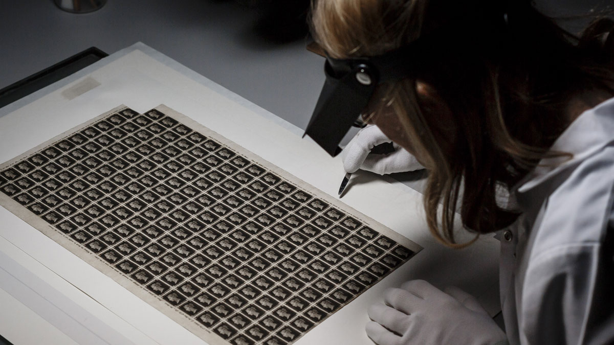 A nearly complete mint sheet of the Penny Black is examined at the British Postal Museum & Archive in London, circa May 2015. In February 2016, the BPMA was renamed The Postal Museum and began building a new museum which opened on July 28, 2017, in Clerkenwell, London, near to the Mount Pleasant Mail Centre.