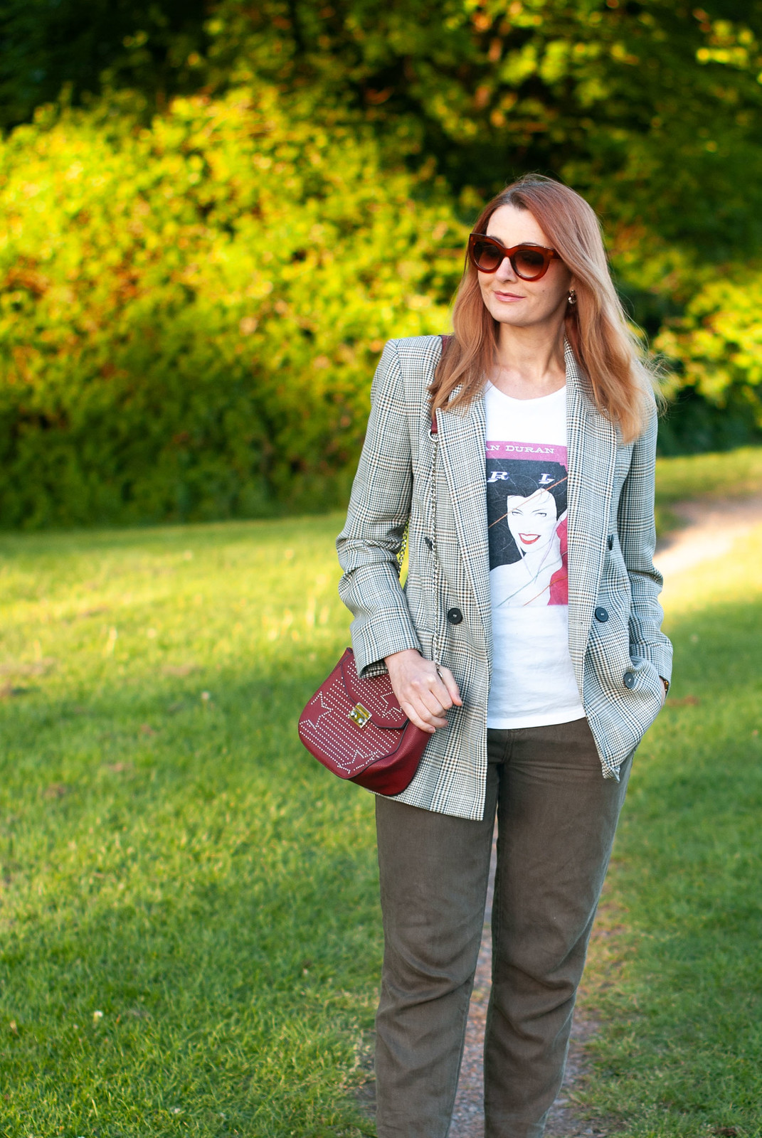 A Smart Casual Way to Style a Graphic T-shirt \ Duran Duran t-shirt \ Prince of Wales check blazer \ pointed flats \ baggy chinos | Not Dressed As Lamb, over 40 style